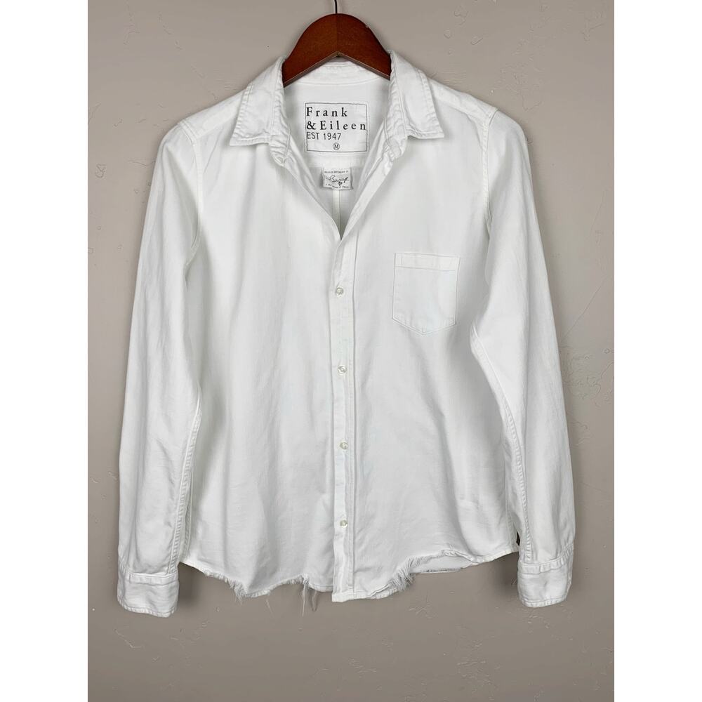 Frank & Eileen Barry Tailored Button Up Shirt White Cotton Raw Hem Women's M